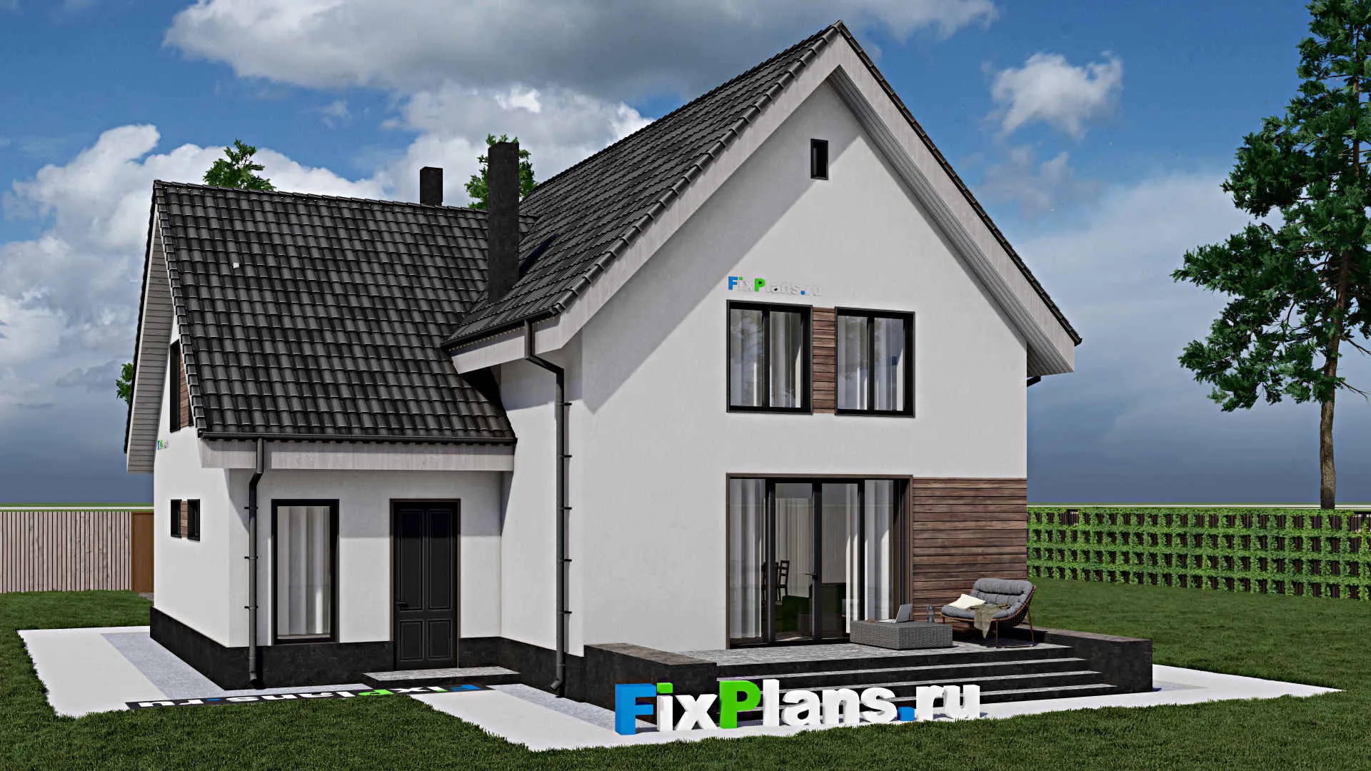 F-1304 - Проект дома с мансардой 12 на 13, площадью 200 м² с террасой, гаражом на 1 машину и 4 спальнями