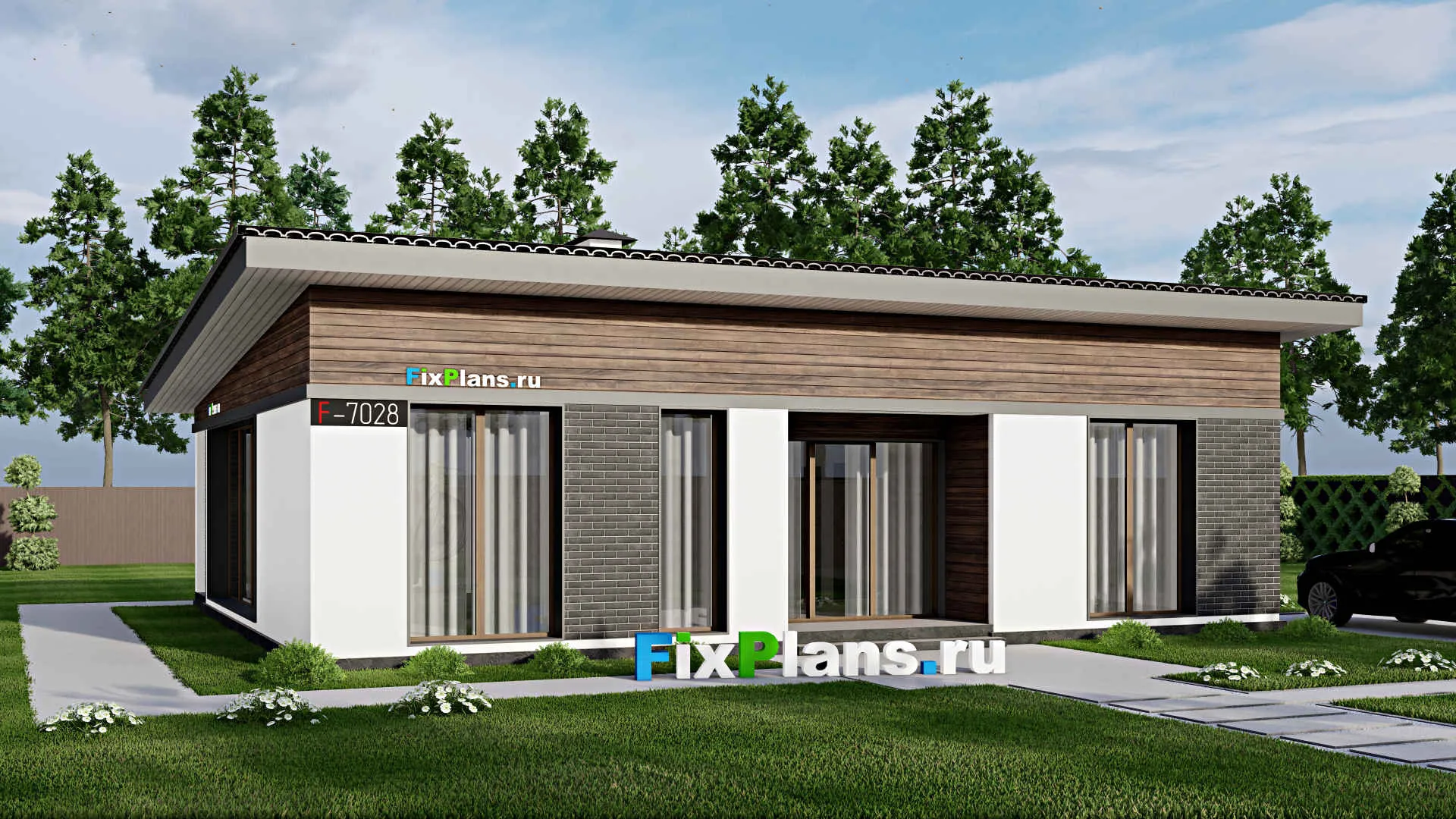 F-7028 - Проект одноэтажного дома 12 на 14, площадью 120 м² с террасой и 3 спальнями