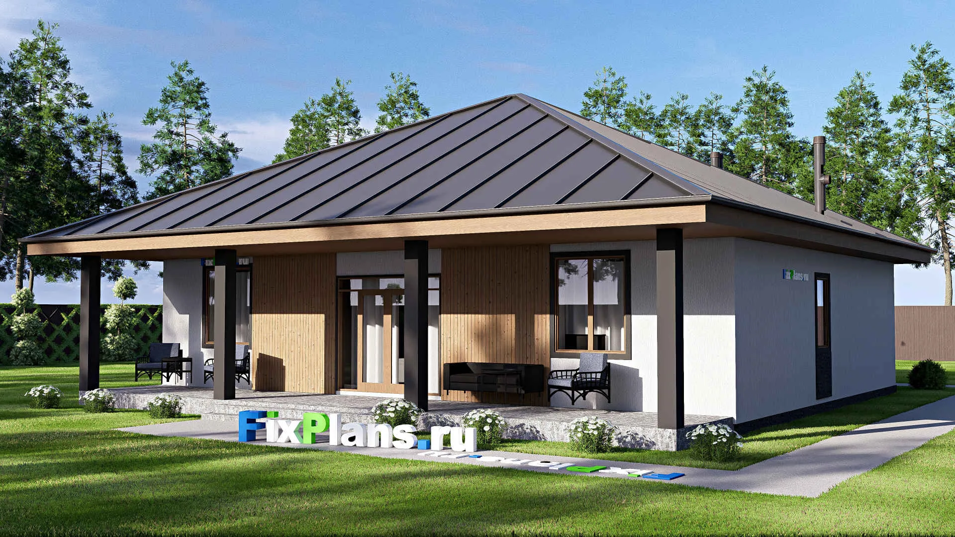 F-19322 - Проект одноэтажного дома 15 на 16, площадью 180 м² с террасой и 2 спальнями