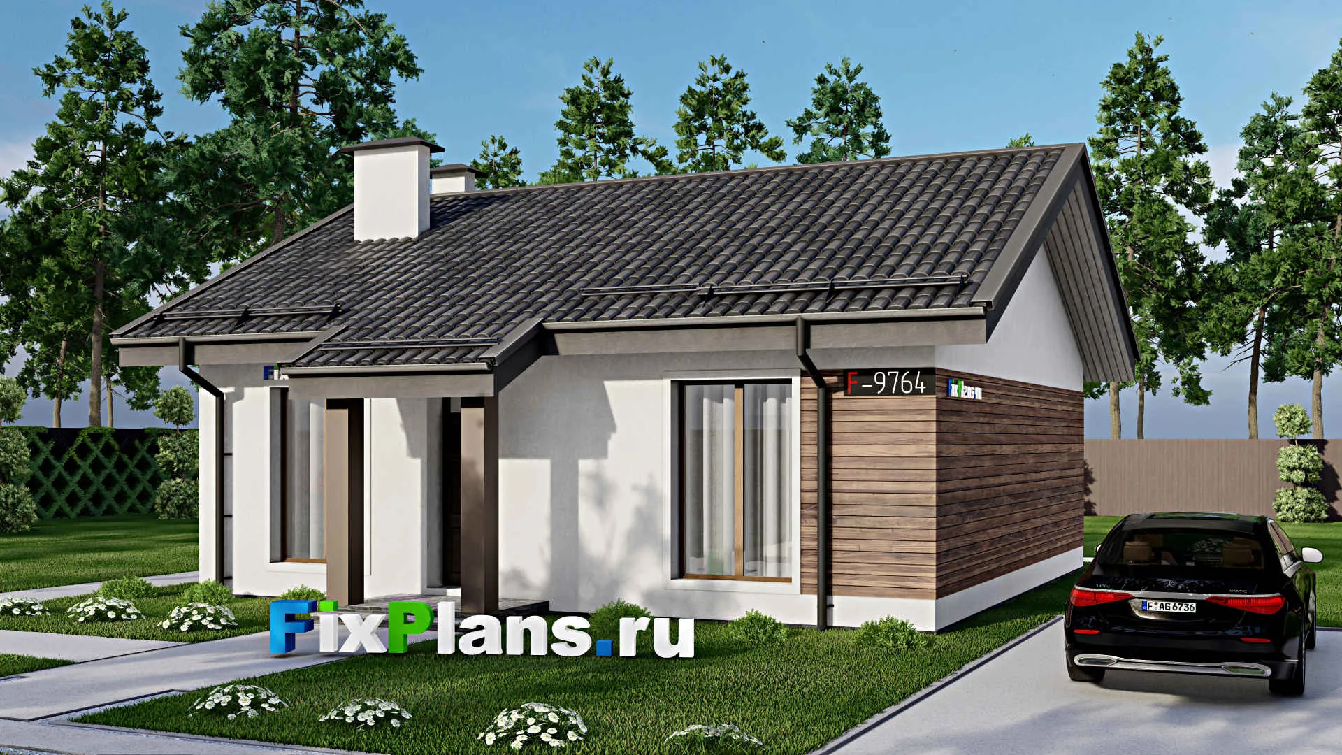 F-9764 - Проект одноэтажного дома 10 на 14, площадью 90 м² с террасой и 2 спальнями