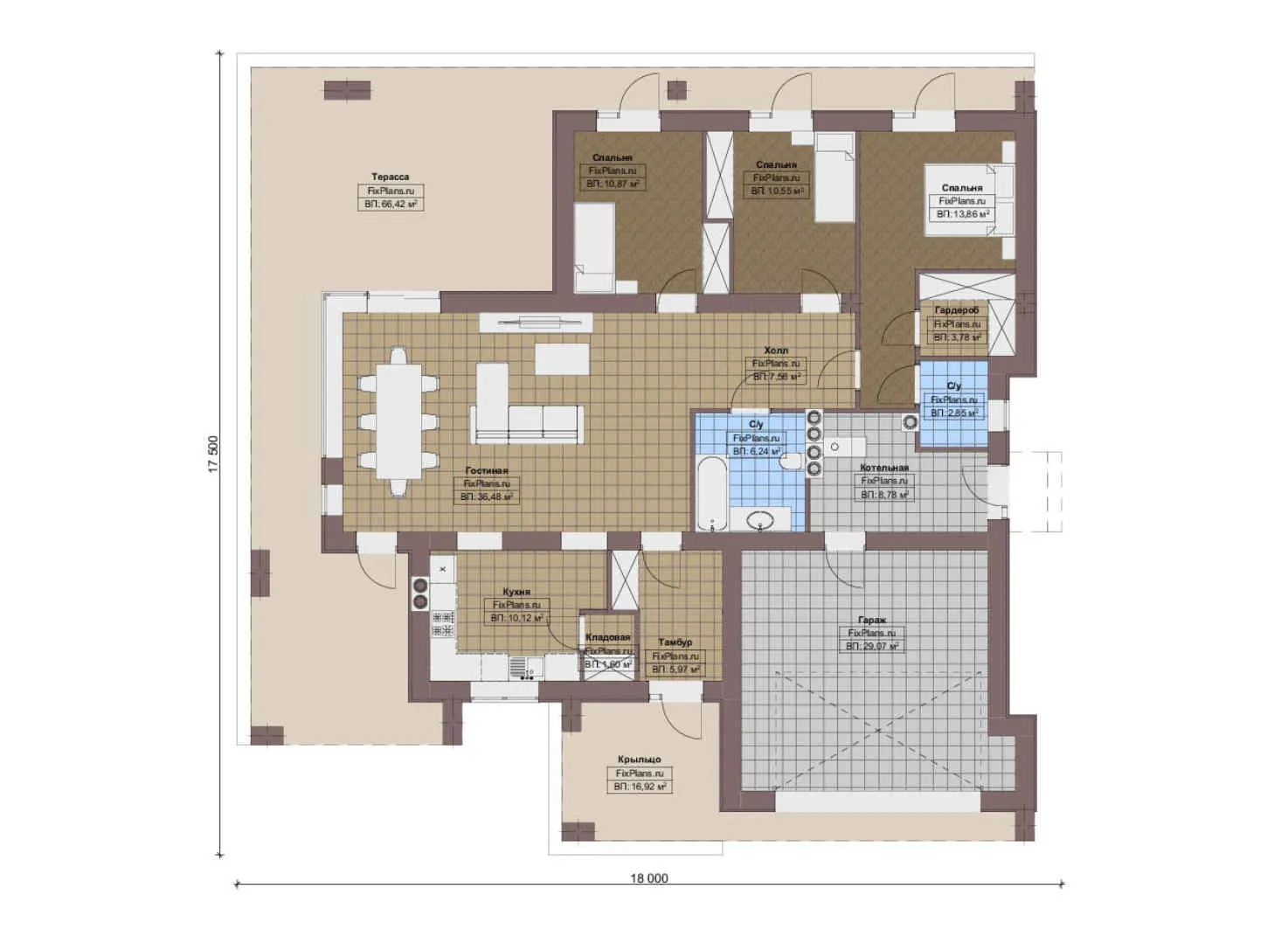 F-16361 - План одноэтажного дома 18 на 18, площадью 470 м² с террасой, гаражом на 1 машину и 3 спальнями