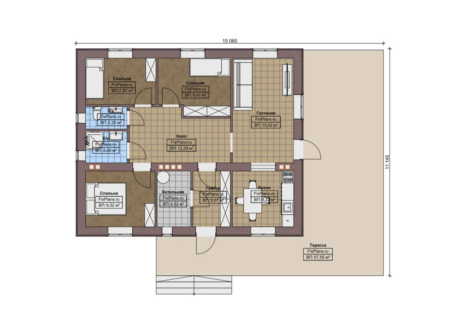 F-10952 - План одноэтажного дома 12 на 16, площадью 140 м² с террасой и 3 спальнями