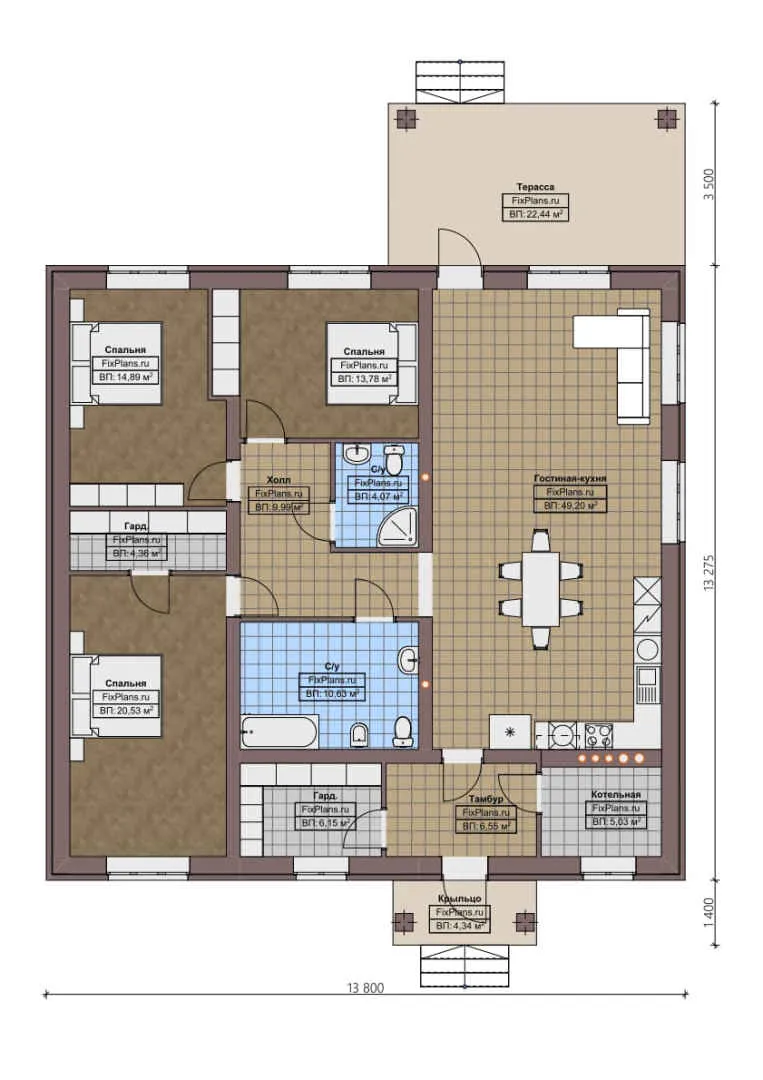 F-0917 - План одноэтажного дома 14 на 14, площадью 180 м² с террасой и 3 спальнями