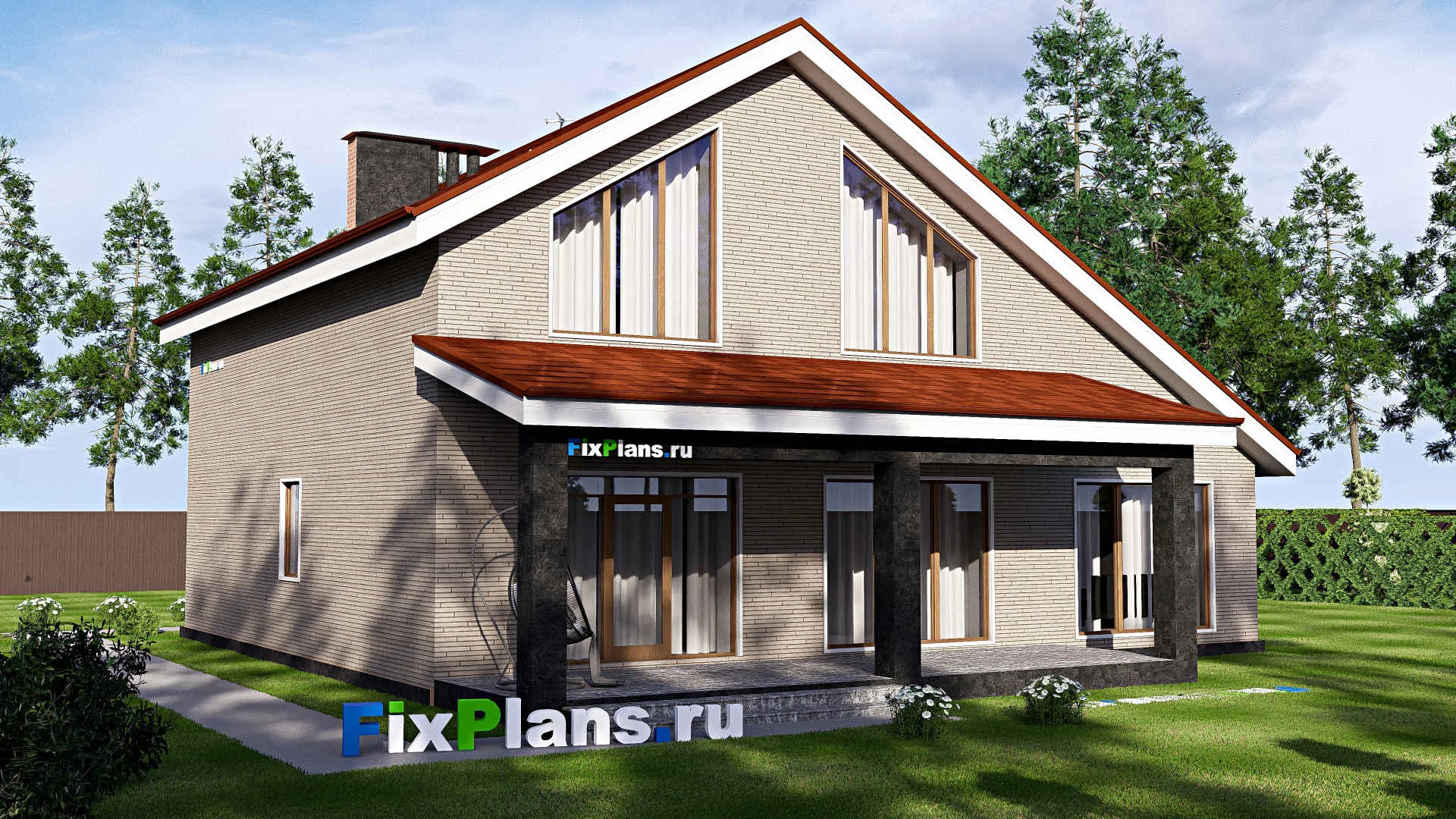 F-19205 - Проект дома с мансардой 15 на 16, площадью 260 м² с террасой, балконом, гаражом на 1 машину и 5 спальнями