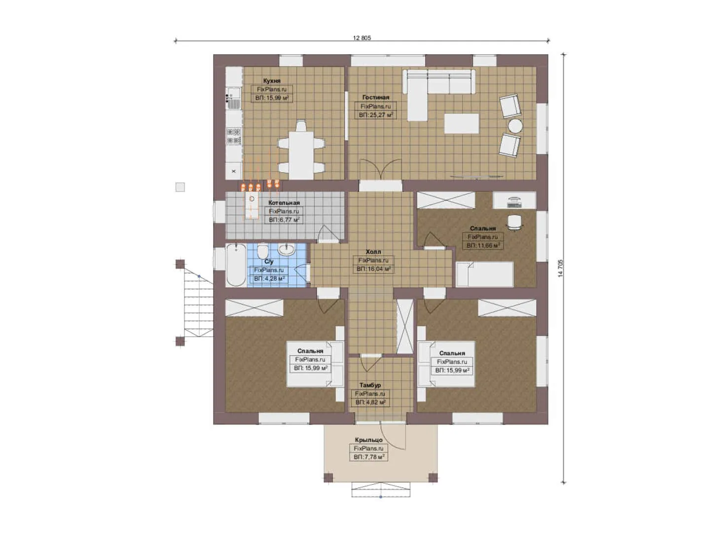 F-14219 - План одноэтажного дома 13 на 15, площадью 250 м² с цокольным этажом и 3 спальнями