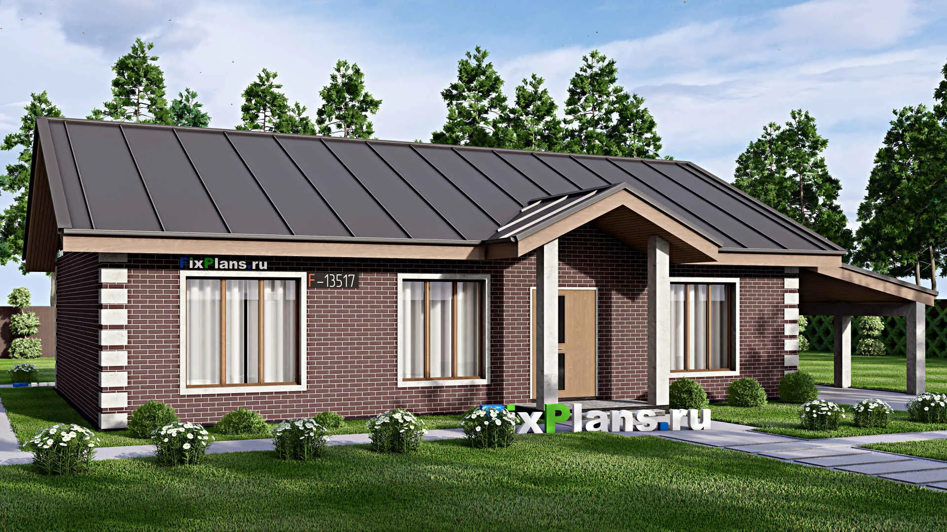 F-13517 - Проект одноэтажного дома 12 на 19, площадью 130 м² с баней и 3 спальнями