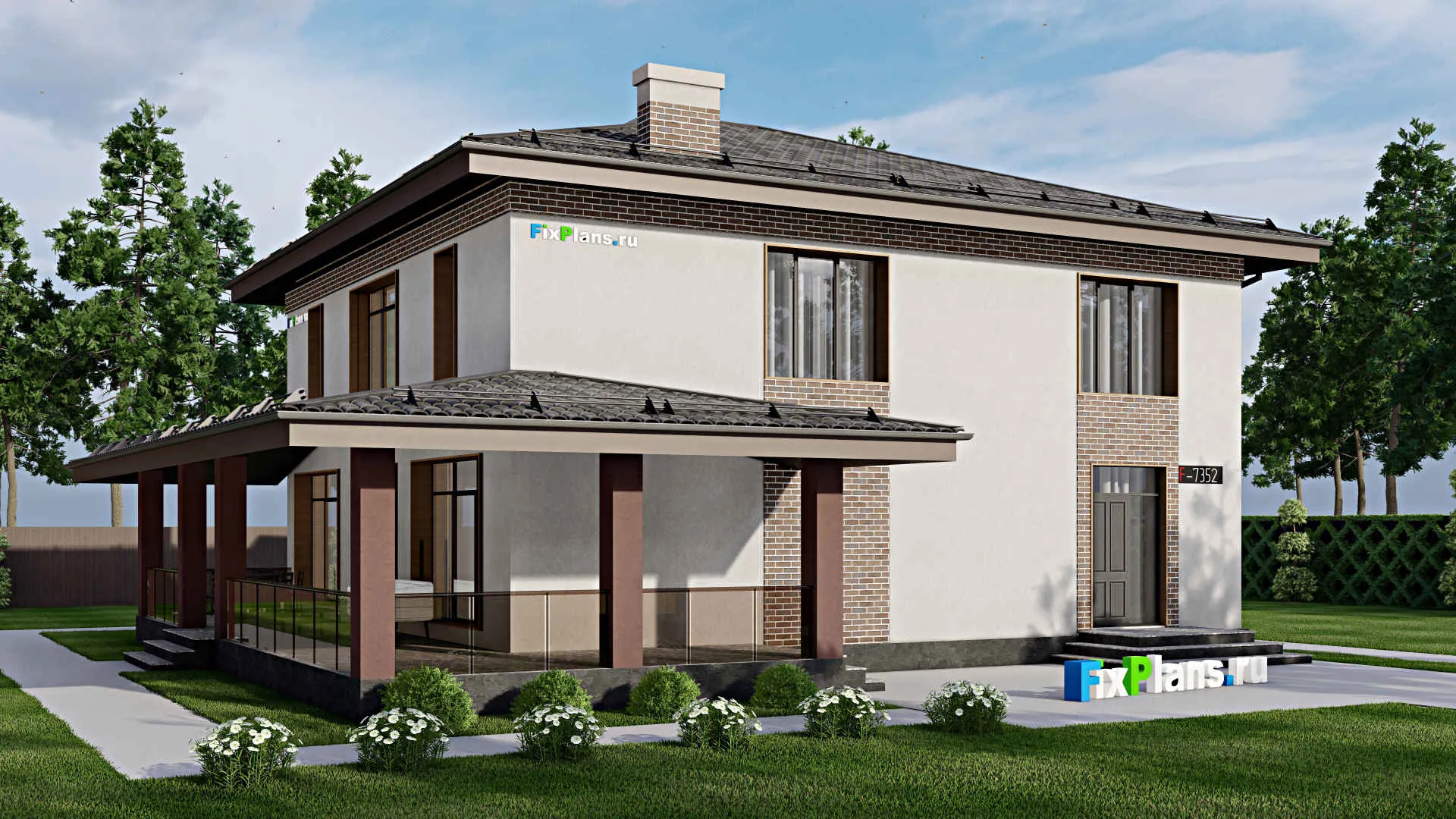 F-7352 - Проект двухэтажного дома 16 на 16, площадью 290 м² с террасой и 3 спальнями