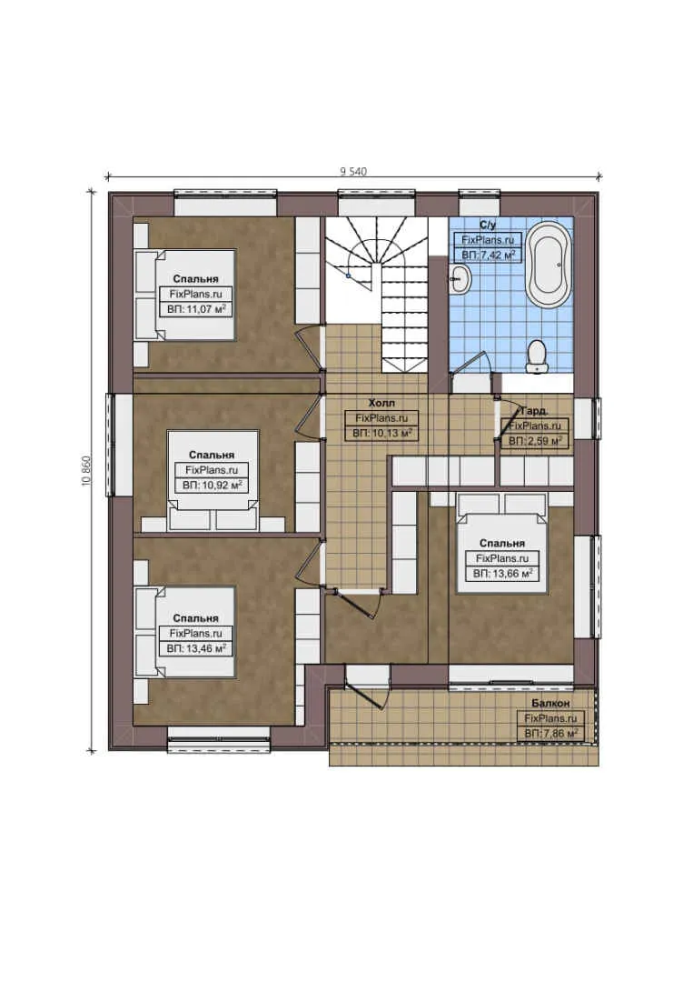 F-0782 - Планы двухэтажного дома 10 на 11, площадью 170 м² с террасой, балконом, гаражом на 1 машину и 4 спальнями