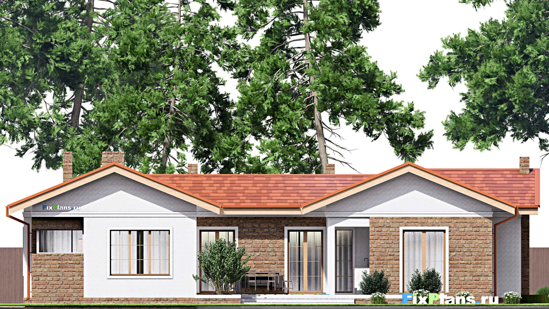 F-15893 - Проект одноэтажного дома 21 на 23, площадью 300 м² с террасой, гаражом на 1 машину и 3 спальнями