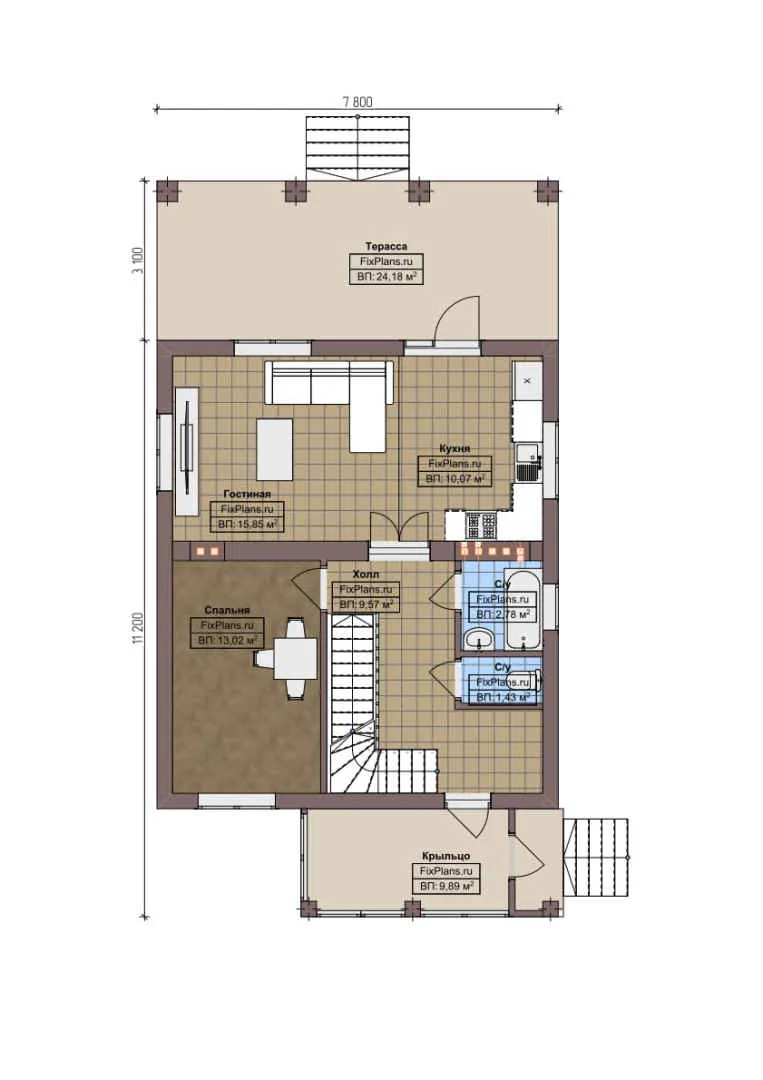 F-5336 - Планы двухэтажного дома 8 на 12, площадью 210 м² с террасой, цокольным этажом и 3 спальнями