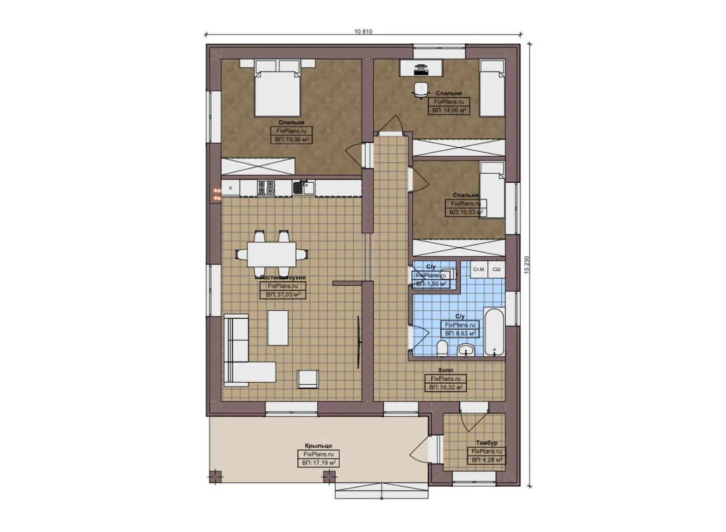 F-10061 - План одноэтажного дома 11 на 16, площадью 130 м² с 3 спальнями
