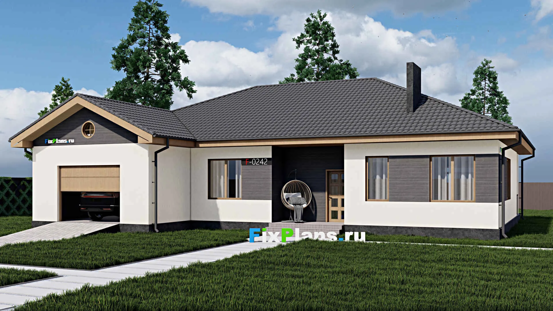 F-0242 - Проект одноэтажного дома 16 на 19, площадью 200 м² с террасой, гаражом на 2 машины и 3 спальнями