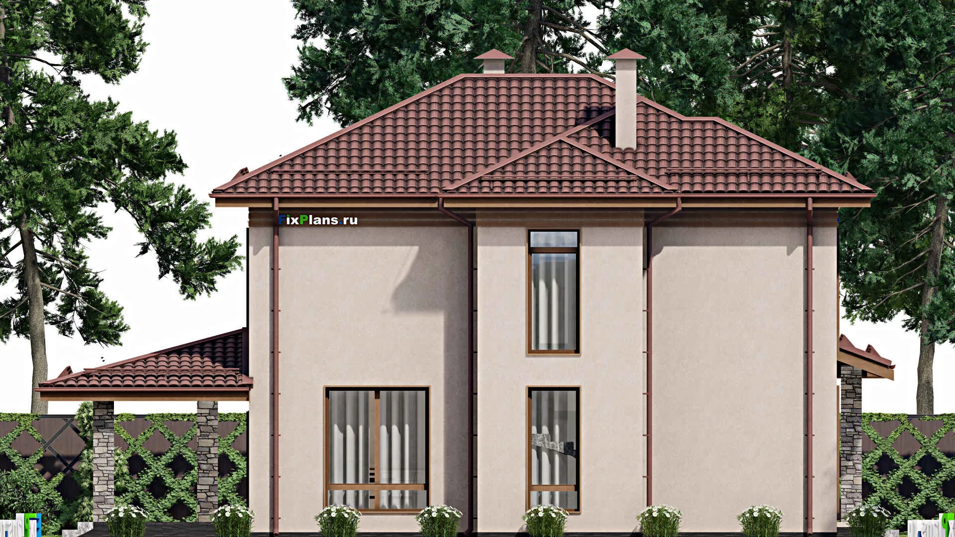 F-2222 - Проект двухэтажного дома 12 на 15, площадью 200 м² с террасой, гаражом на 1 машину и 5 спальнями