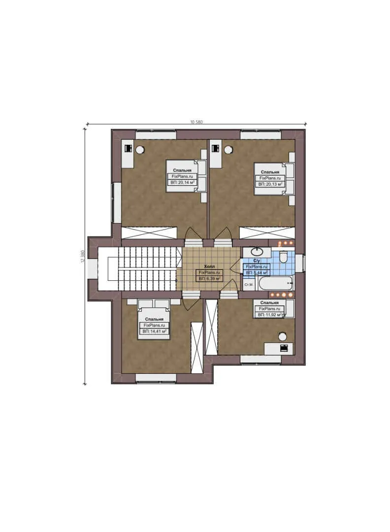 F-0584 - Планы двухэтажного дома 13 на 17, площадью 230 м² с террасой и 5 спальнями