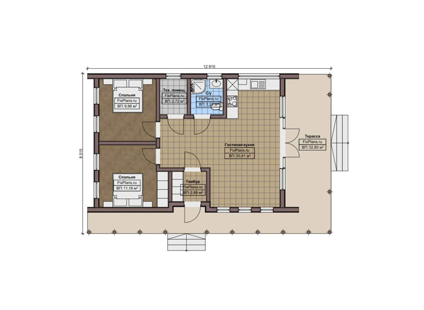 F-10439 - План одноэтажного дома 9 на 13, площадью 100 м² с 2 спальнями