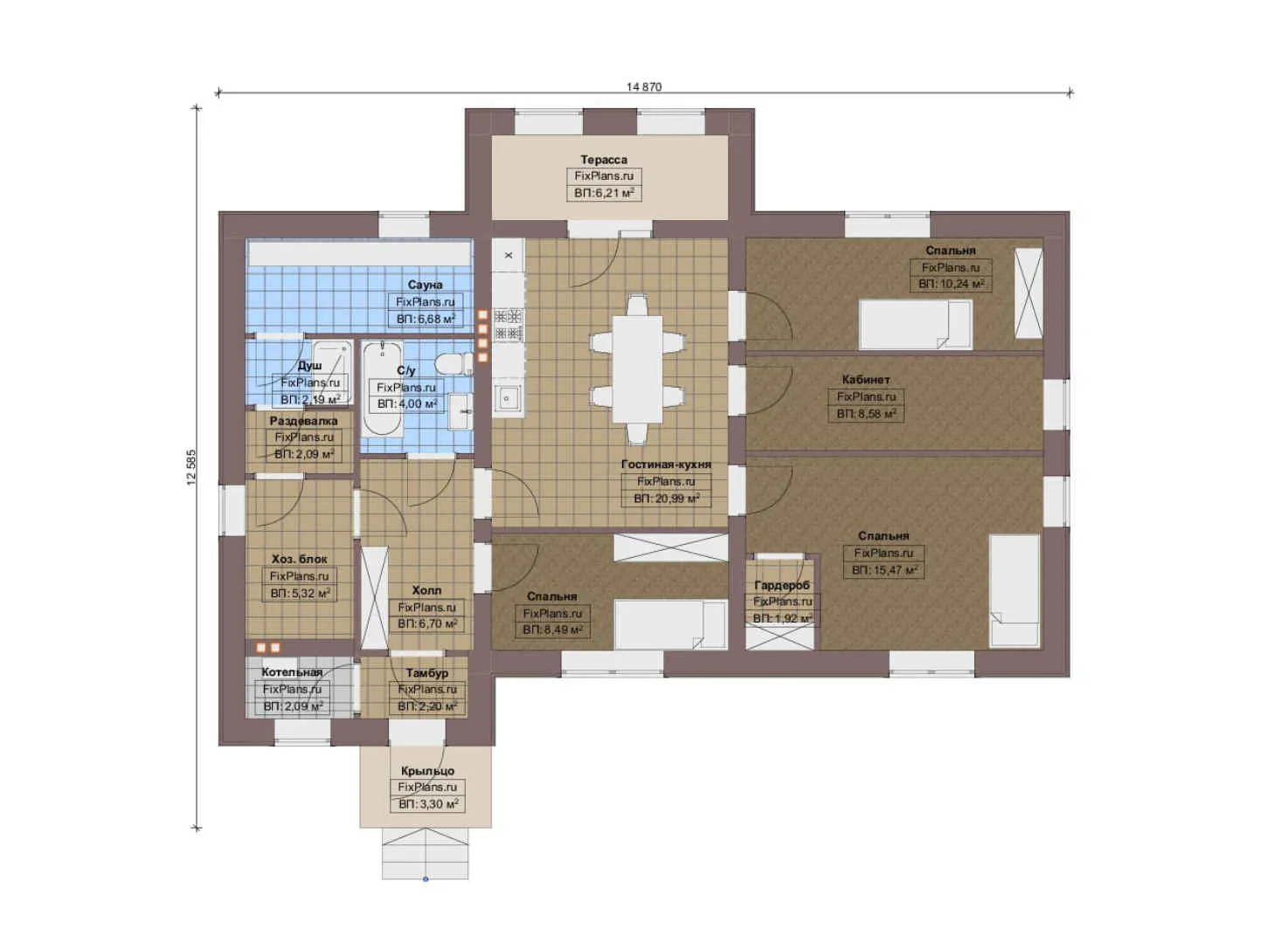 F-14021 - План одноэтажного дома 13 на 15, площадью 110 м² с террасой, баней и 3 спальнями