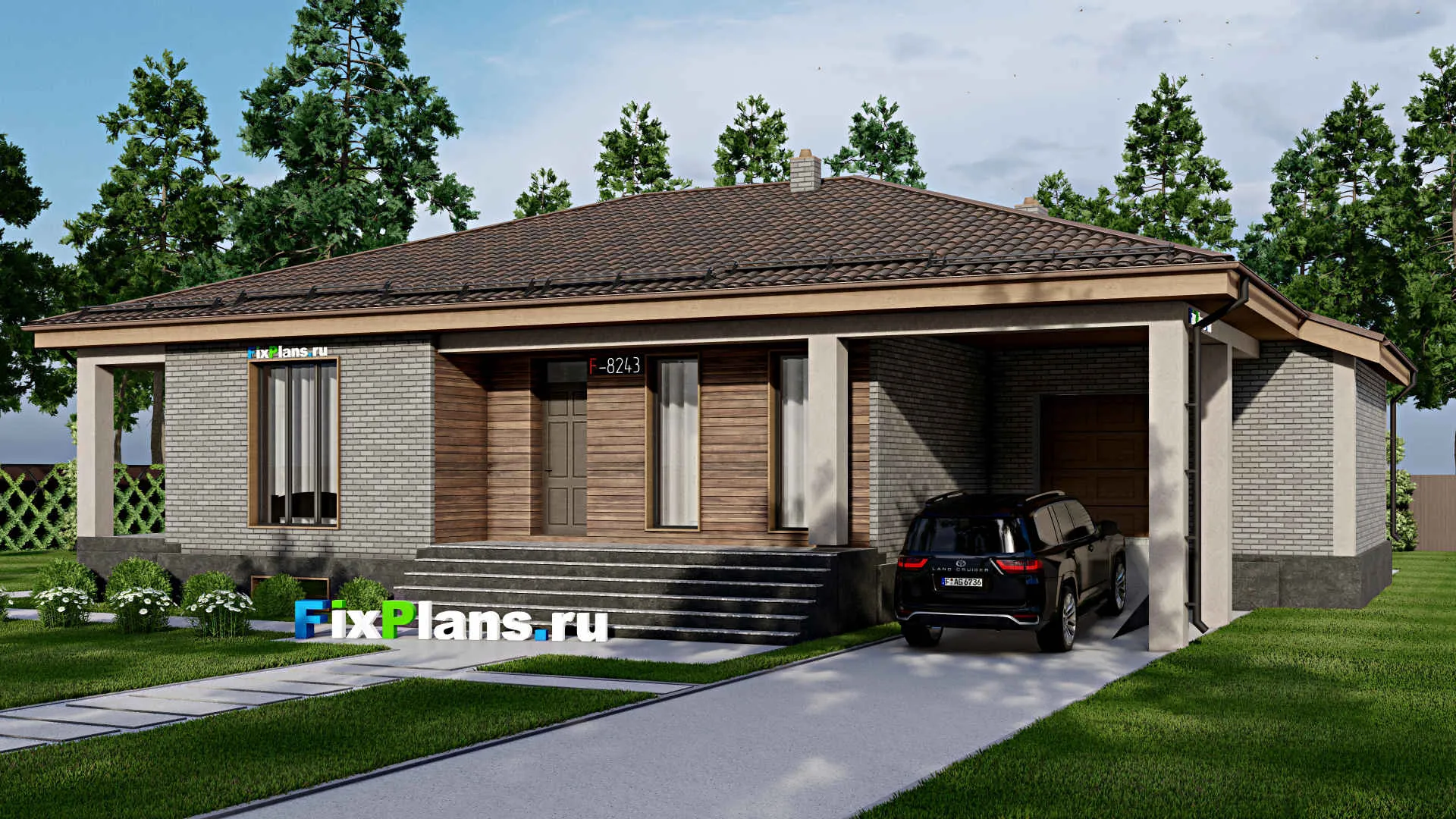 F-8243 - Проект одноэтажного дома 14 на 20, площадью 290 м² с террасой, цокольным этажом, гаражом на 1 машину и 3 спальнями