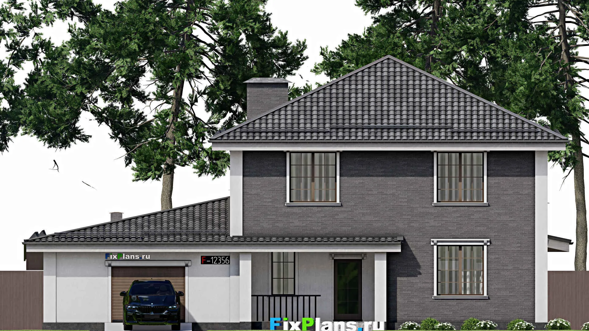 F-12356 - Проект двухэтажного дома 18 на 19, площадью 320 м² с террасой, гаражом на 2 машины и 3 спальнями