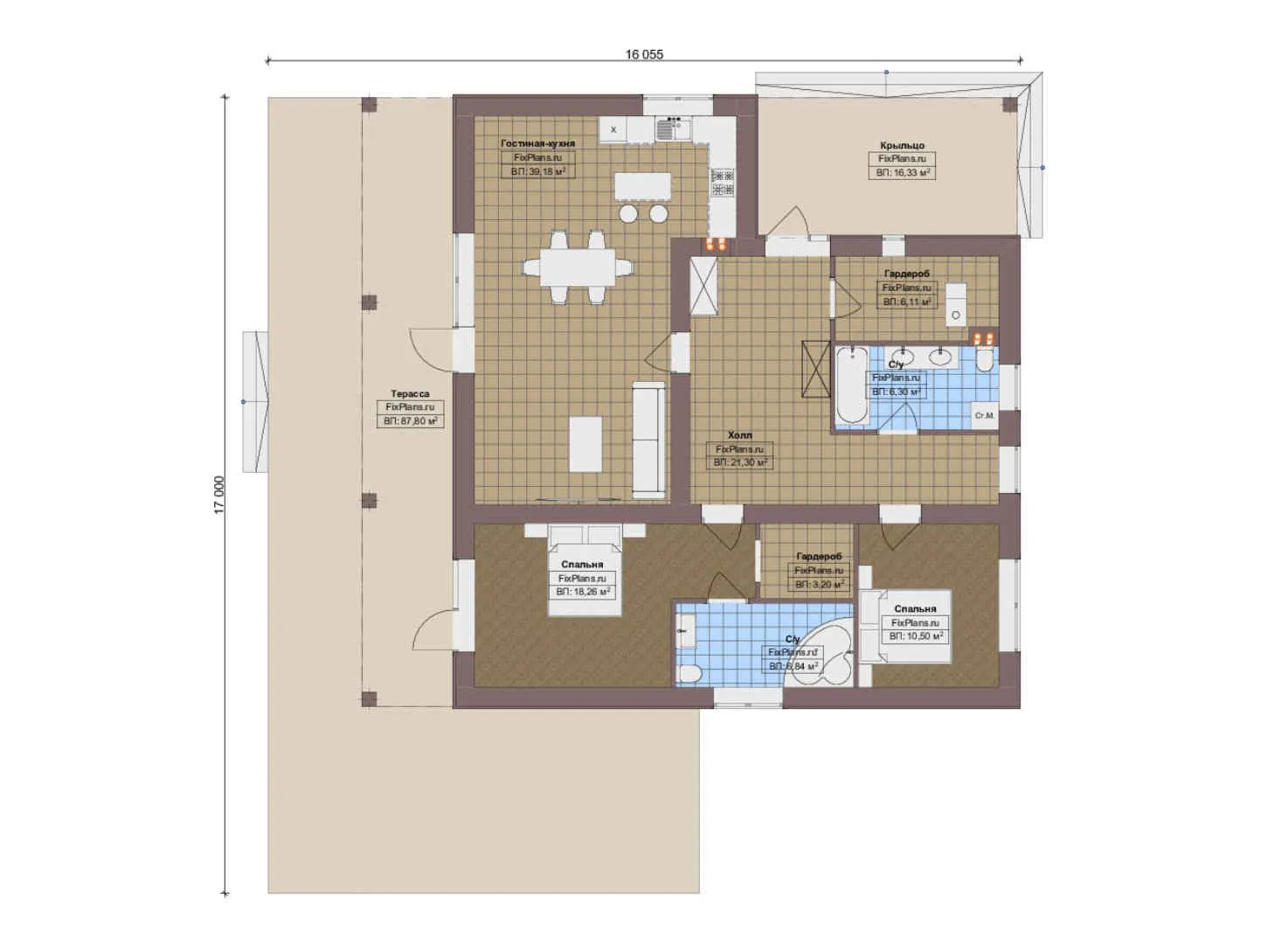F-14570 - План одноэтажного дома 17 на 17, площадью 220 м² с террасой и 2 спальнями