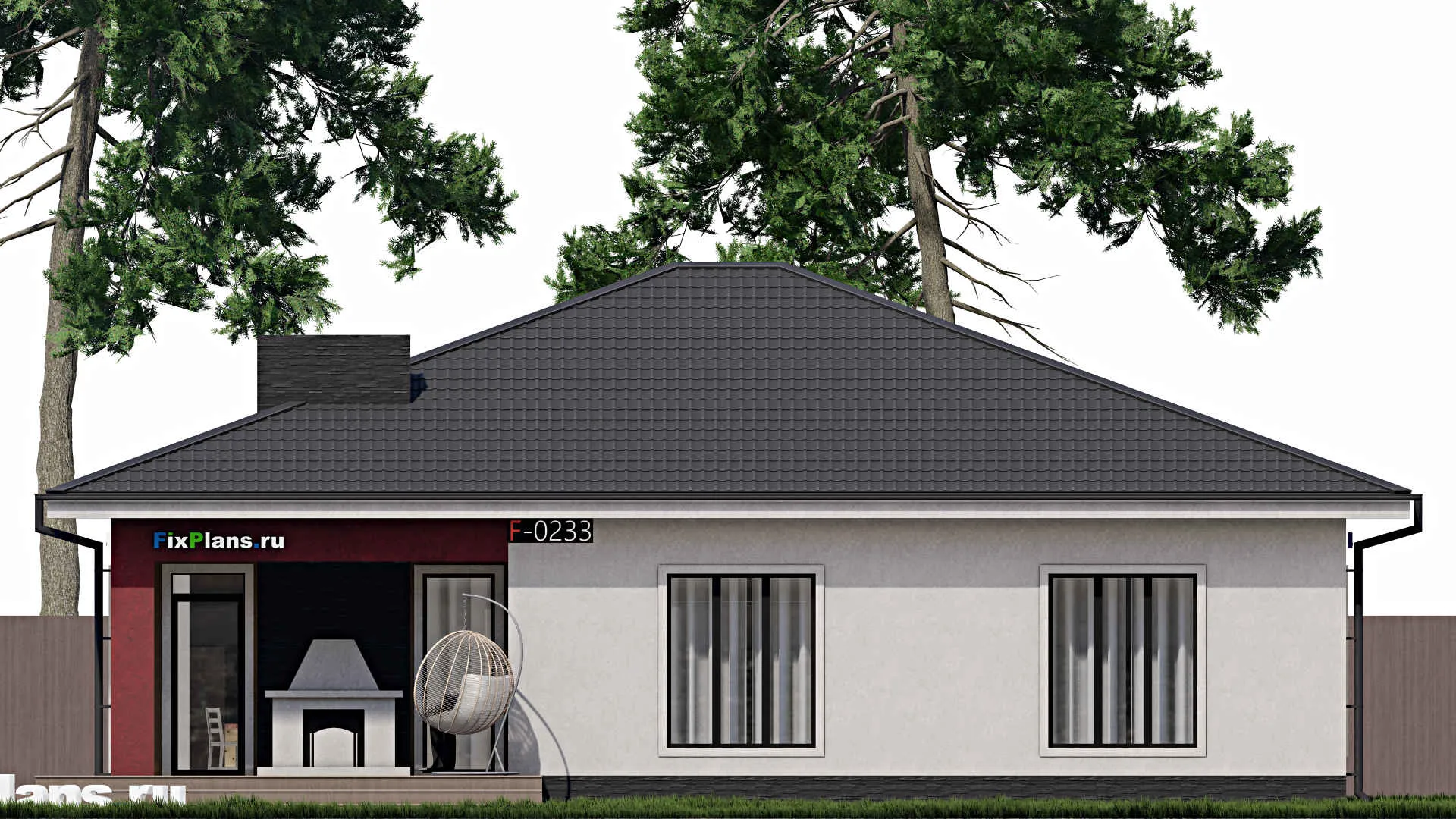F-0233 - Проект одноэтажного дома 15 на 16, площадью 180 м² с террасой и 4 спальнями