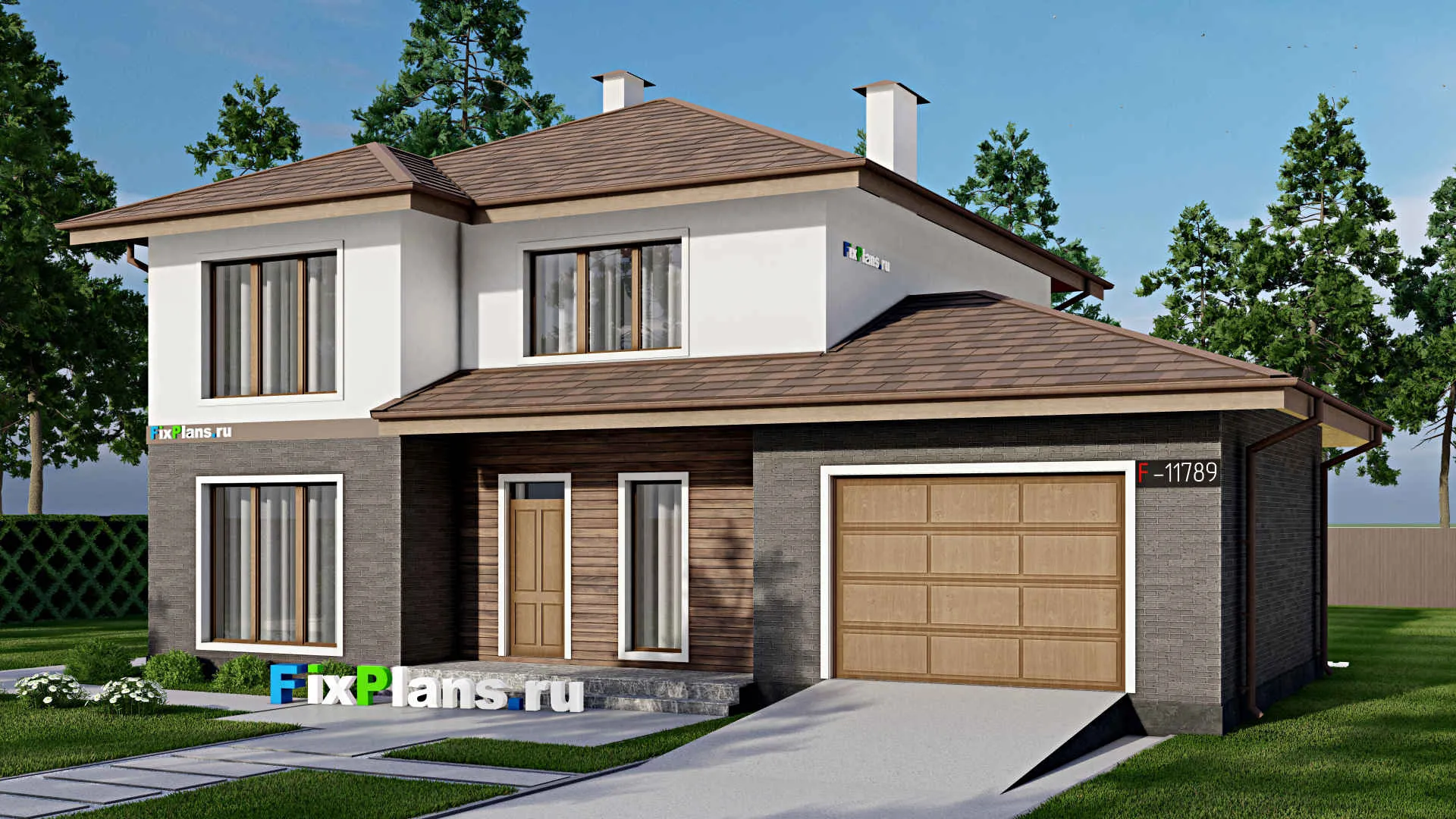 F-11789 - Проект двухэтажного дома 12 на 16, площадью 190 м² с гаражом на 1 машину и 4 спальнями