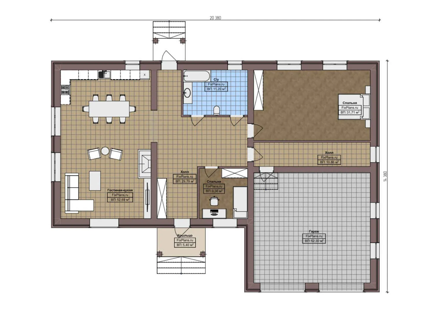 F-5003 - План одноэтажного дома 15 на 21, площадью 210 м² с гаражом на 2 машины и 2 спальнями