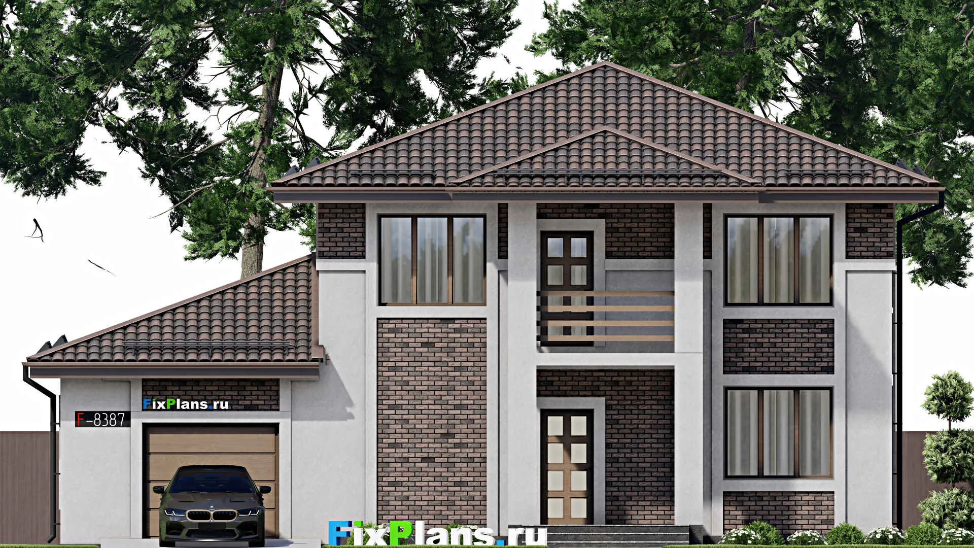 F-8387 - Проект двухэтажного дома 15 на 17, площадью 230 м² с террасой, балконом, гаражом на 1 машину и 3 спальнями
