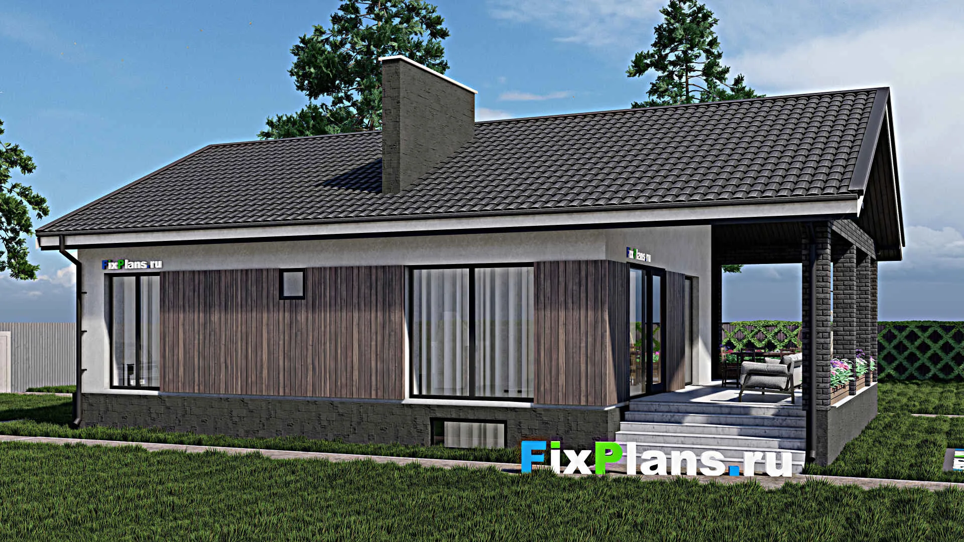 F-0980 - Проект одноэтажного дома 9 на 12, площадью 120 м² с террасой и 2 спальнями