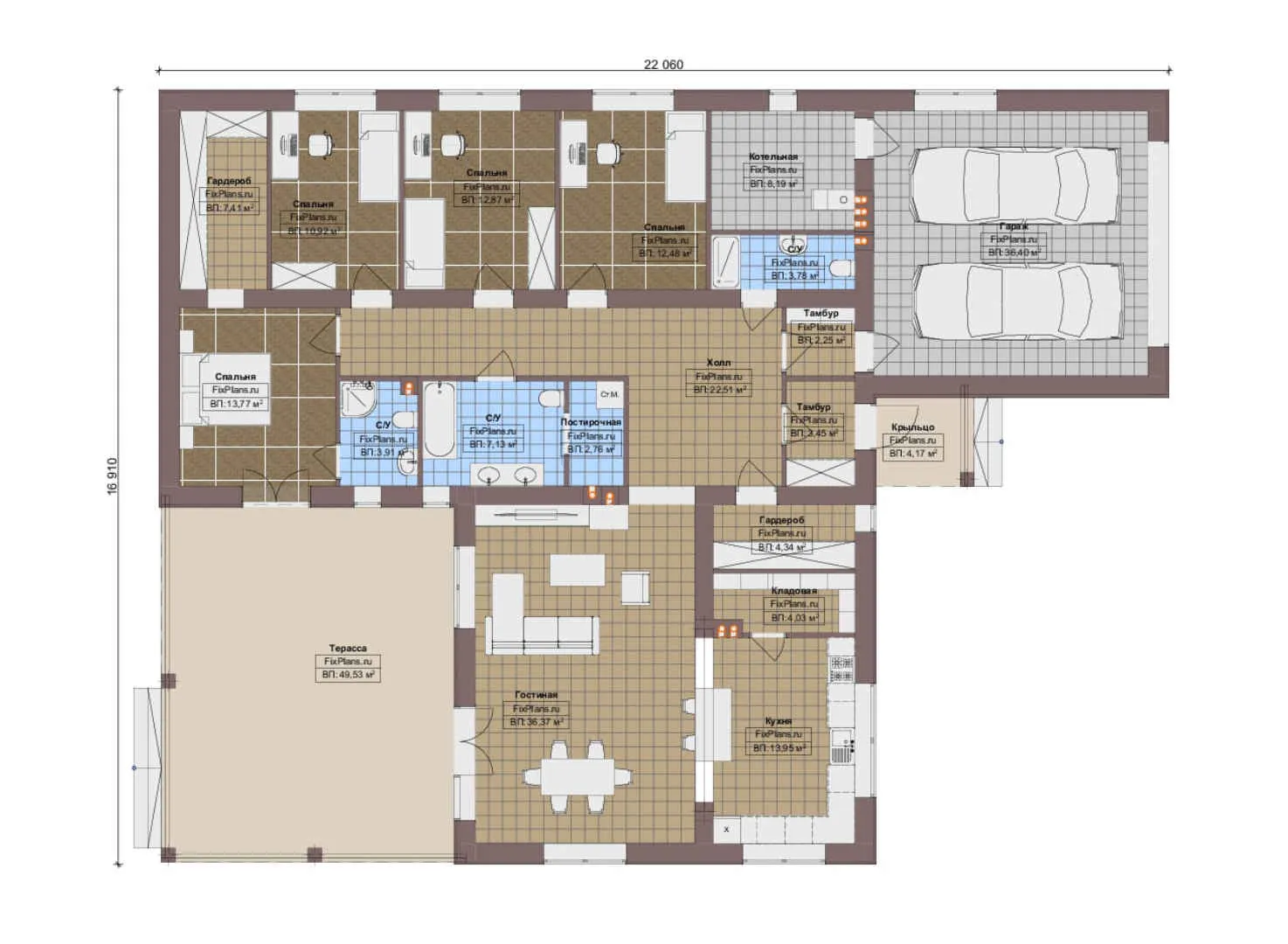 F-19250 - План одноэтажного дома 17 на 23, площадью 260 м² с террасой, гаражом на 2 машины и 4 спальнями