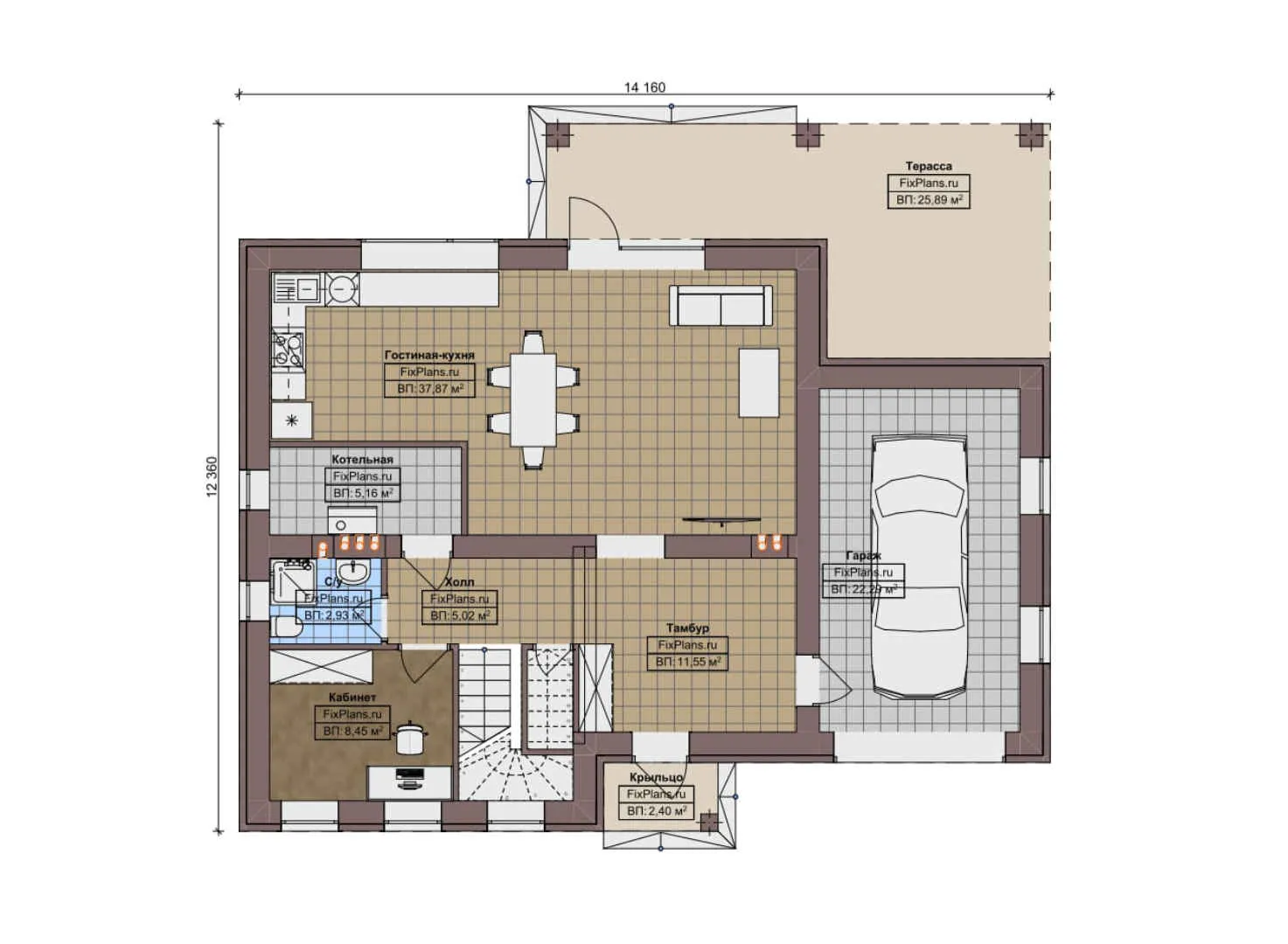 F-12095 - Планы двухэтажного дома 13 на 15, площадью 200 м² с террасой, гаражом на 1 машину и 3 спальнями