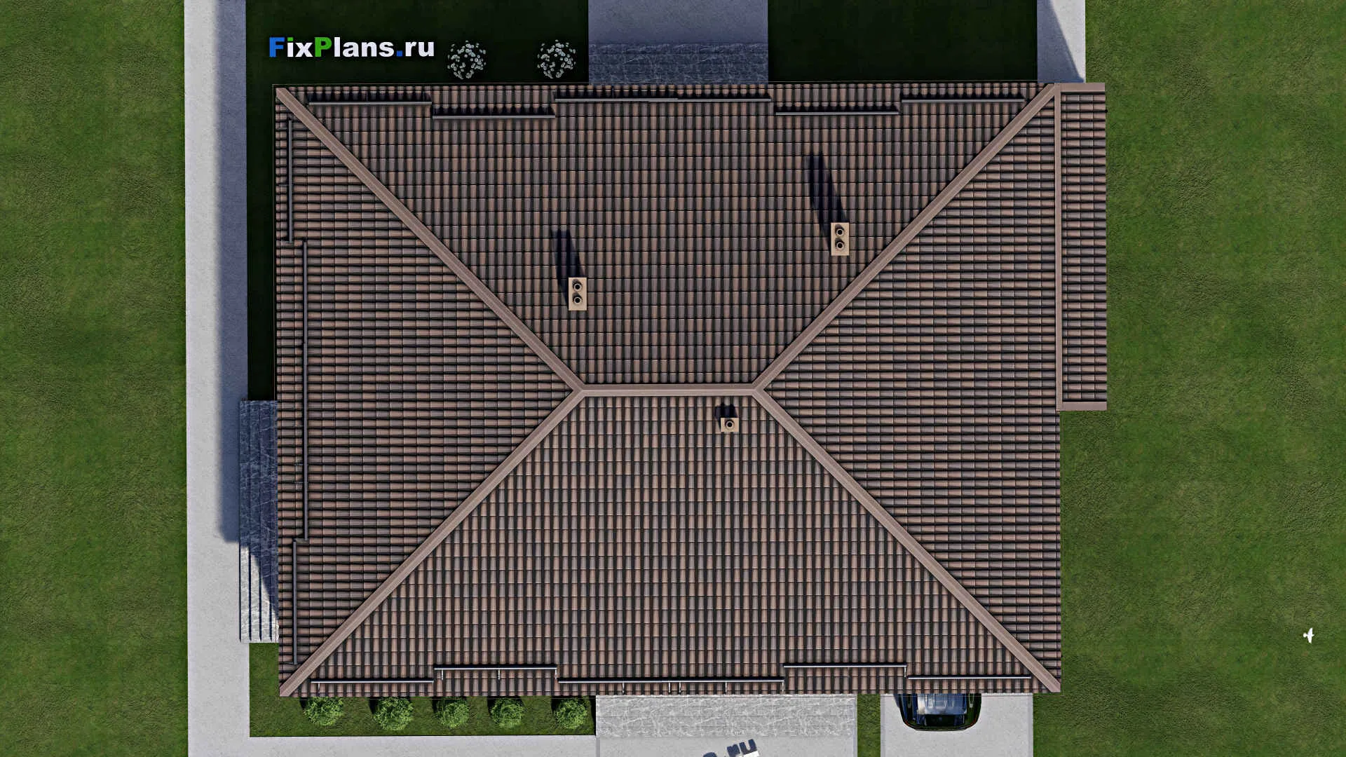 F-8243 - Проект одноэтажного дома 14 на 20, площадью 290 м² с террасой, цокольным этажом, гаражом на 1 машину и 3 спальнями