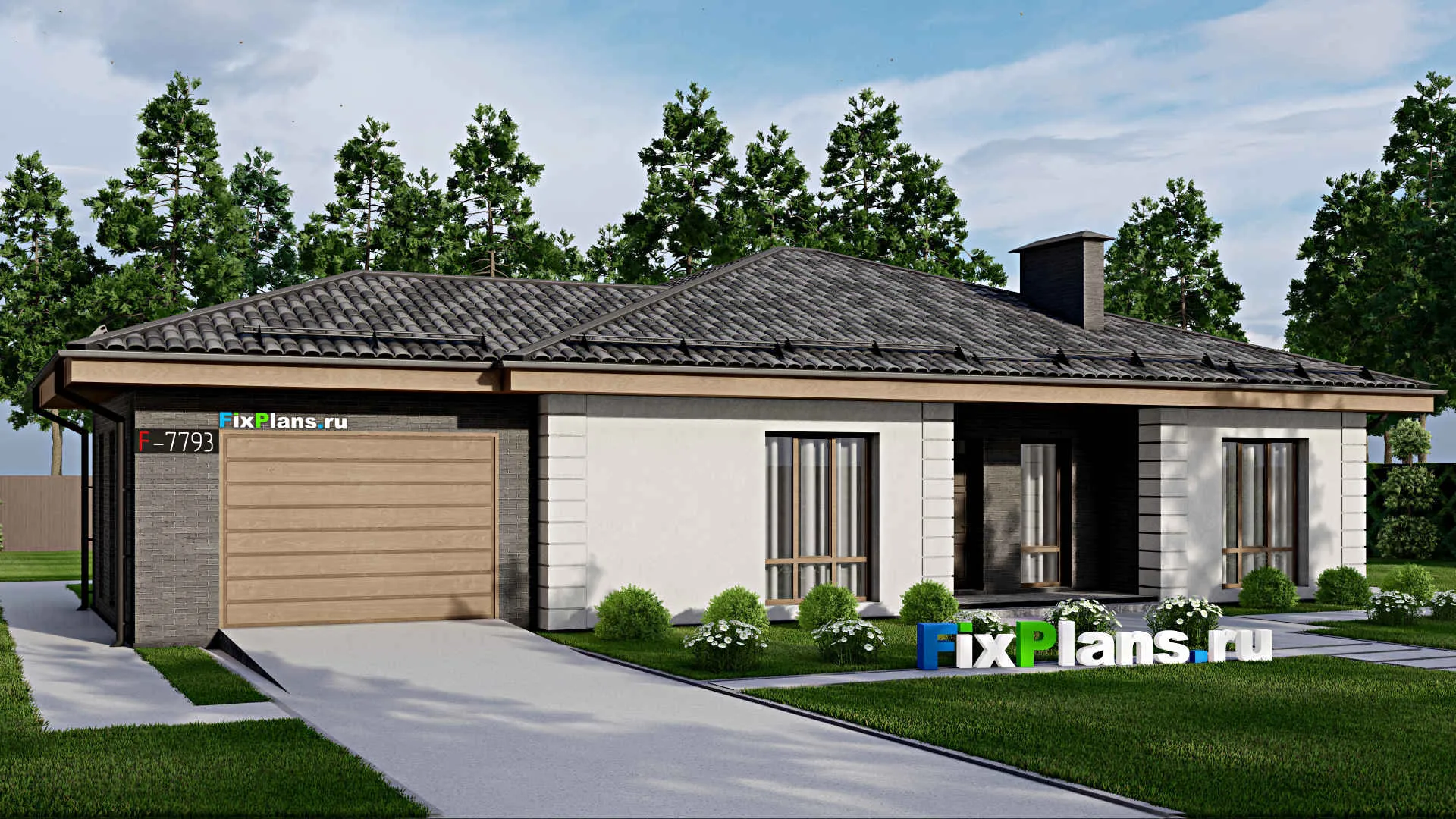 F-7793 - Проект одноэтажного дома 14 на 20, площадью 190 м² с террасой, гаражом на 1 машину и 3 спальнями