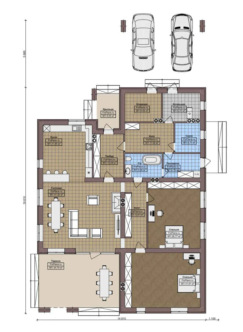 F-6236 - План одноэтажного дома 15 на 20, площадью 230 м² с террасой, баней и 2 спальнями