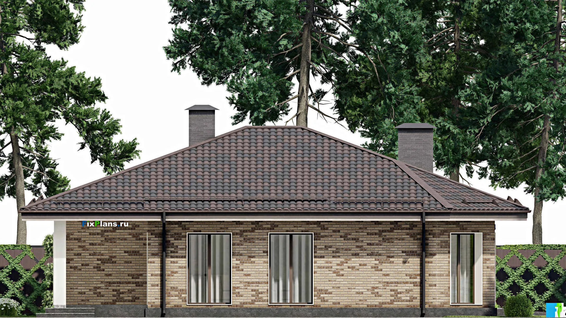 F-6740 - Проект одноэтажного дома 15 на 25, площадью 270 м² с террасой, гаражом на 2 машины и 3 спальнями