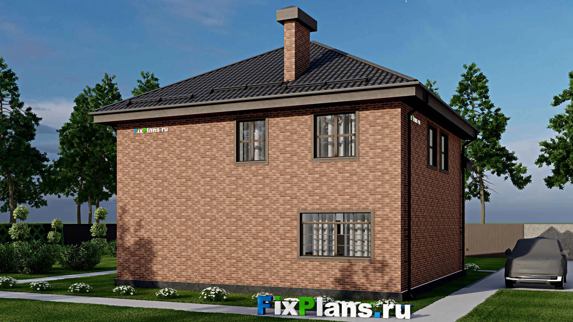 F-3698 - Проект двухэтажного дома 12 на 13, площадью 180 м² с балконом, цокольным этажом и 3 спальнями