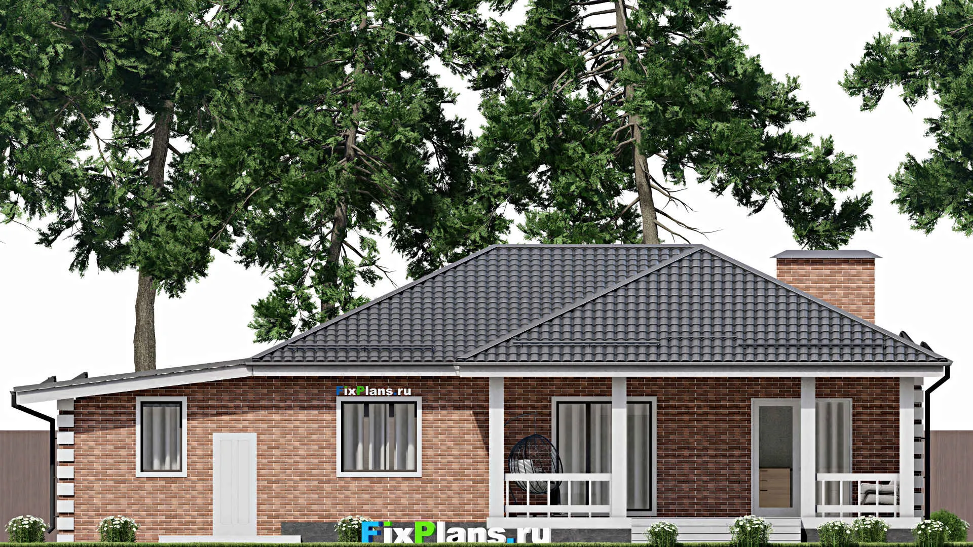 F-3896 - Проект одноэтажного дома 13 на 18, площадью 220 м² с террасой, гаражом на 1 машину и 3 спальнями