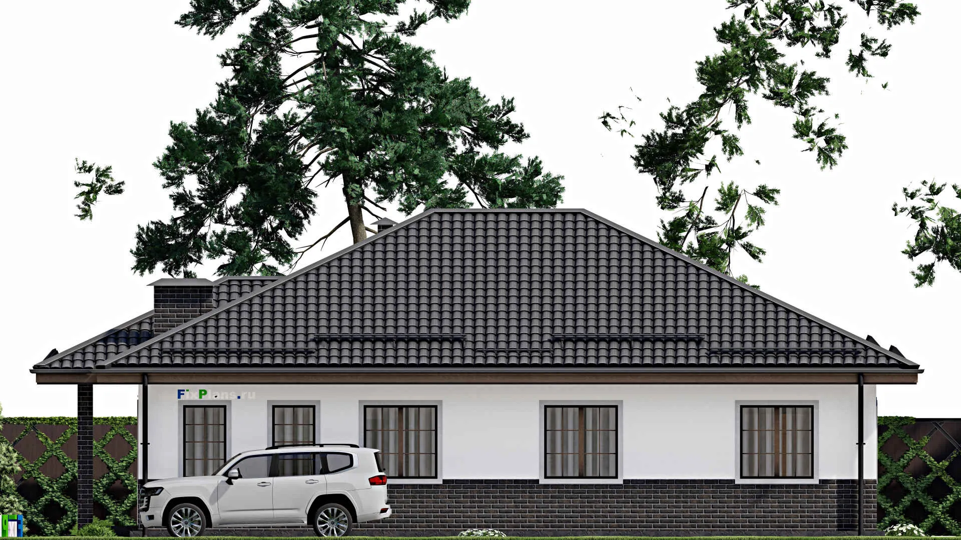 F-4607 - Проект одноэтажного дома 15 на 15, площадью 190 м² с террасой и 4 спальнями