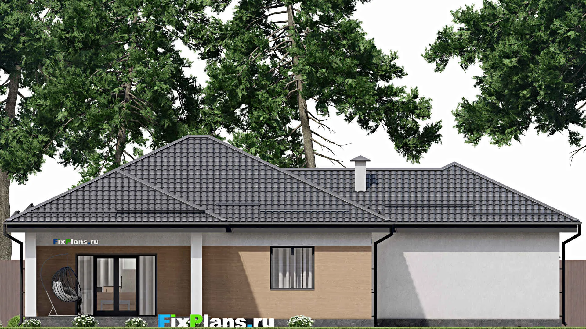 F-4184 - Проект одноэтажного дома 14 на 19, площадью 170 м² с террасой, гаражом на 2 машины и 2 спальнями