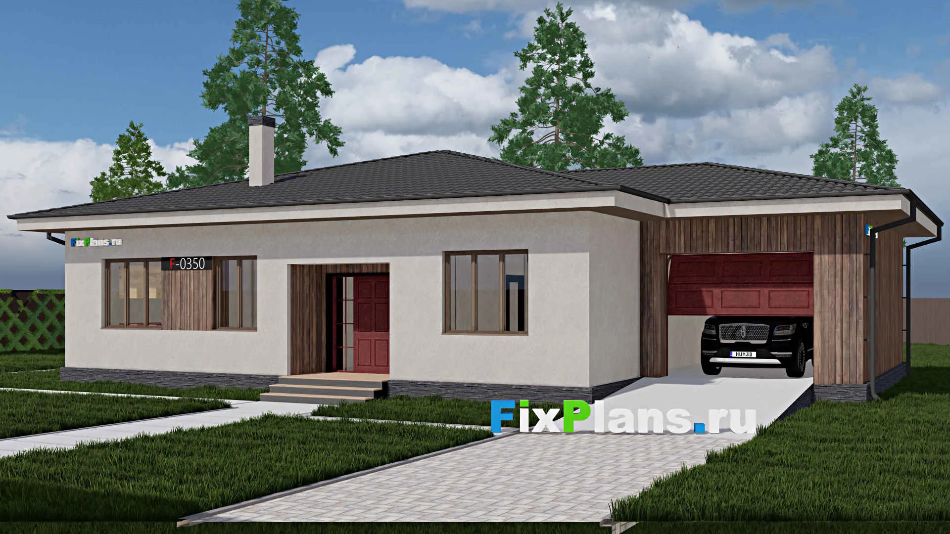 F-0350 - Проект одноэтажного дома 13 на 18, площадью 220 м² с террасой, гаражом на 1 машину и 3 спальнями