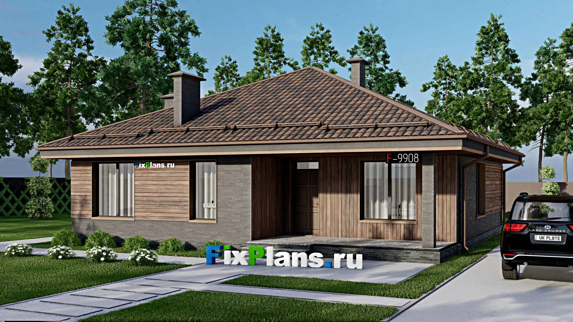 F-9908 - Проект одноэтажного дома 13 на 13, площадью 130 м² с 3 спальнями