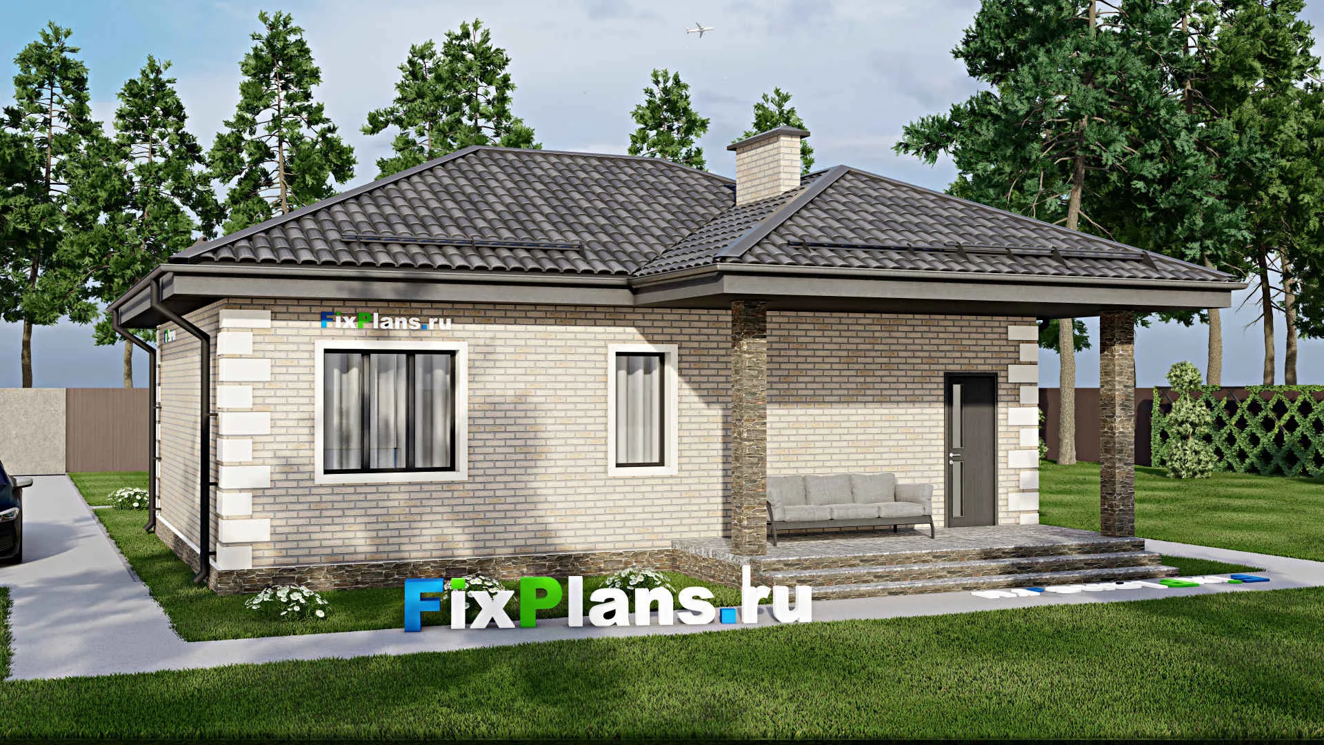 F-5768 - Проект одноэтажного дома 9 на 12, площадью 80 м² с террасой и 2 спальнями