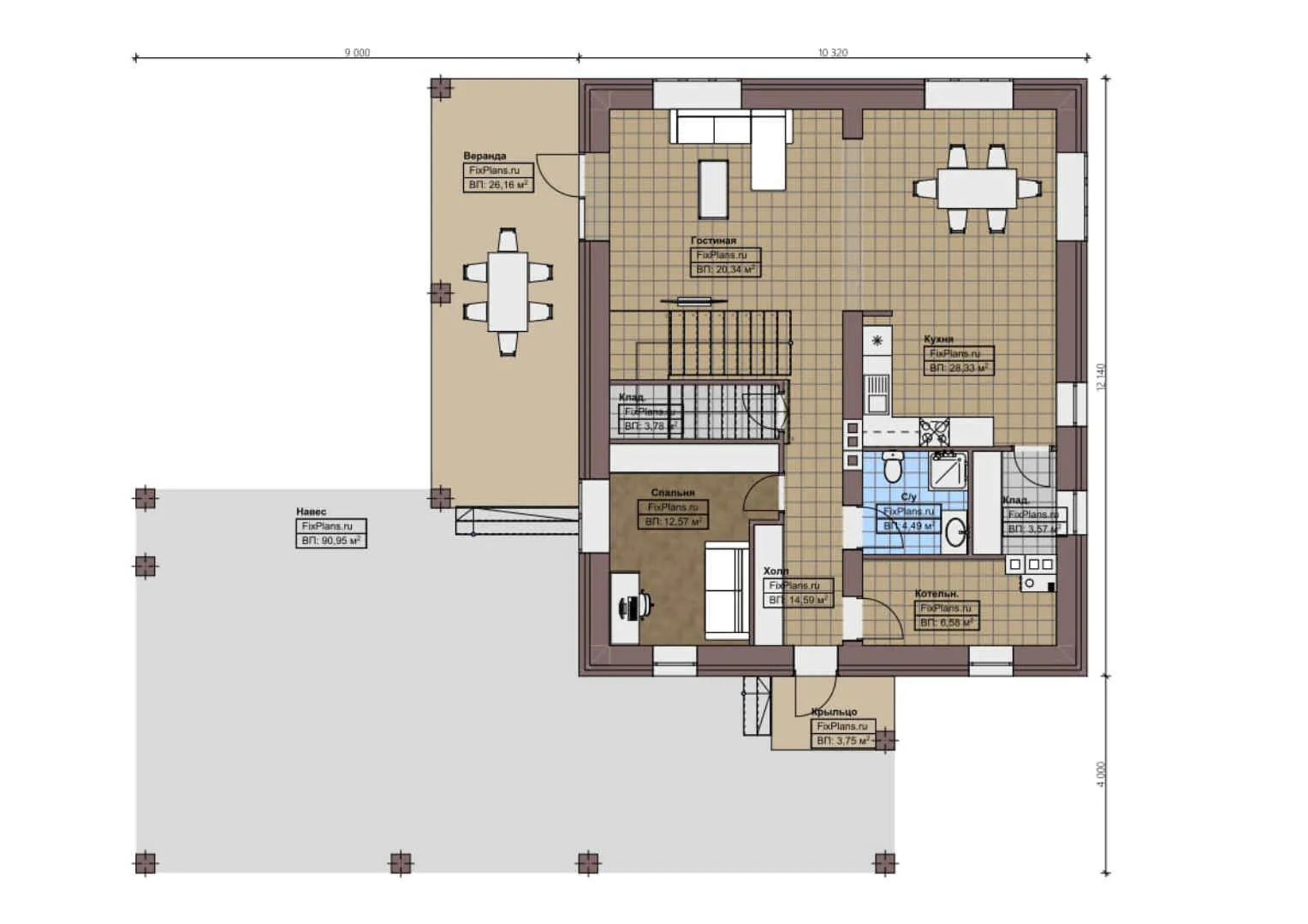 F-1151 - Планы двухэтажного дома 11 на 13, площадью 300 м² с террасой, гаражом на 1 машину и 4 спальнями