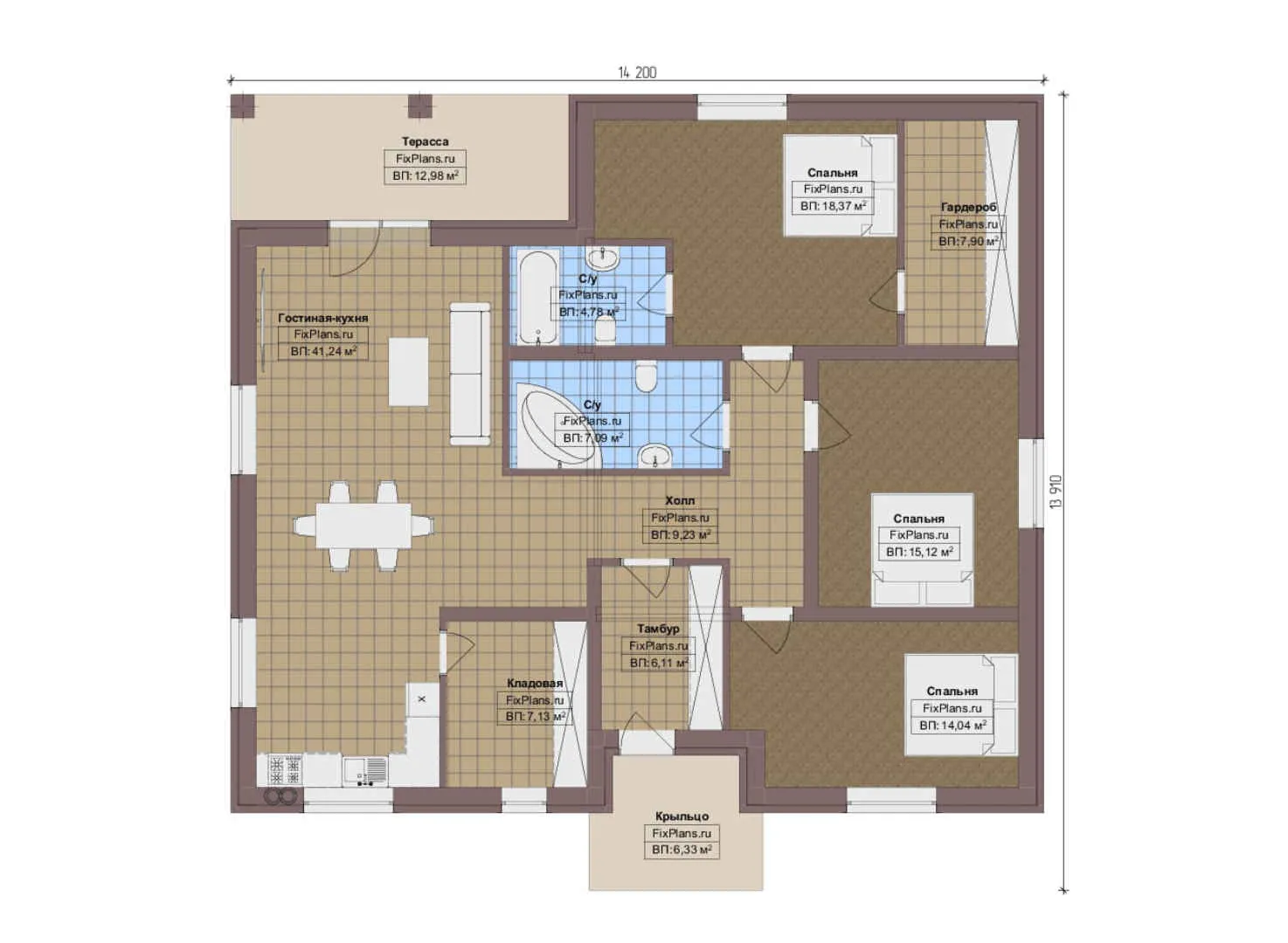 F-9746 - План одноэтажного дома 14 на 15, площадью 150 м² с террасой и 3 спальнями