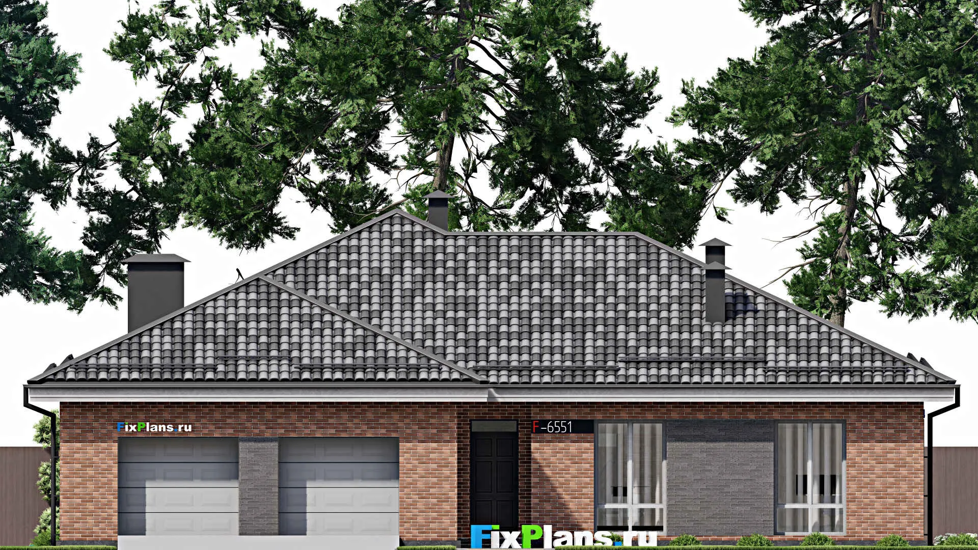 F-6551 - Проект одноэтажного дома 16 на 18, площадью 230 м² с террасой, гаражом на 2 машины и 3 спальнями