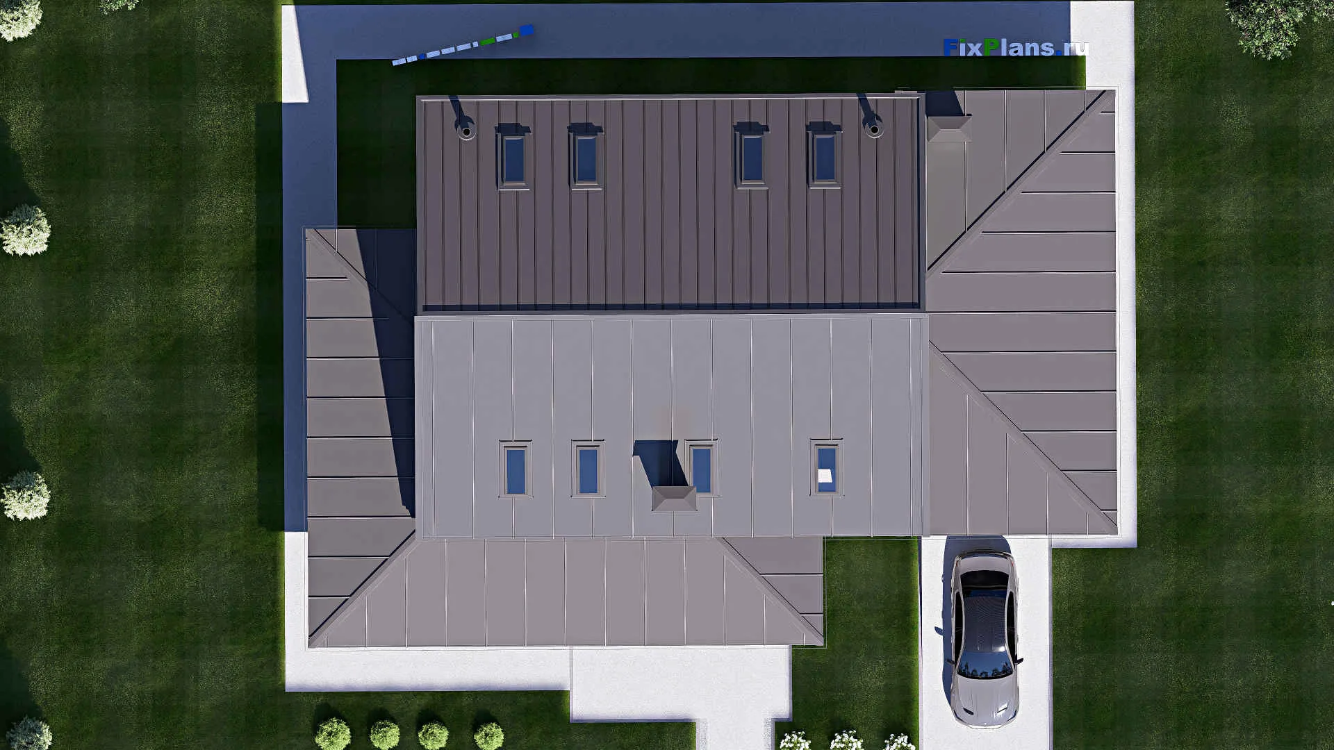 F-18917 - Проект дома с мансардой 14 на 21, площадью 320 м² с террасой, гаражом на 2 машины и 4 спальнями