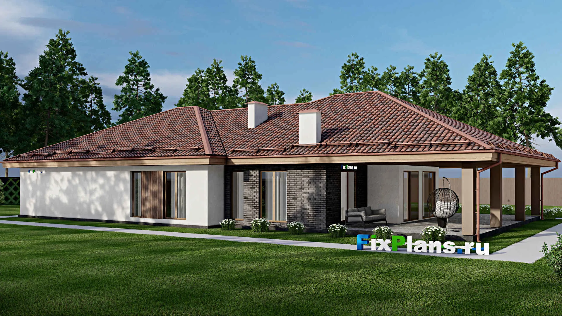 F-8441 - Проект одноэтажного дома 15 на 26, площадью 300 м² с террасой и 4 спальнями