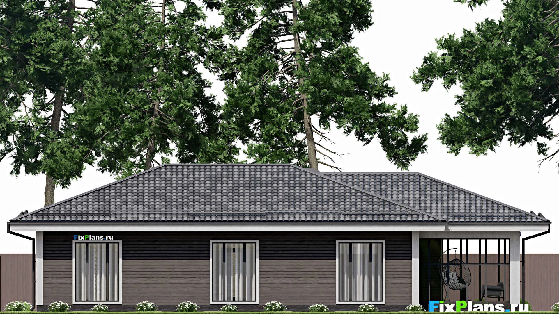 F-7748 - Проект одноэтажного дома 12 на 19, площадью 160 м² с террасой и 3 спальнями