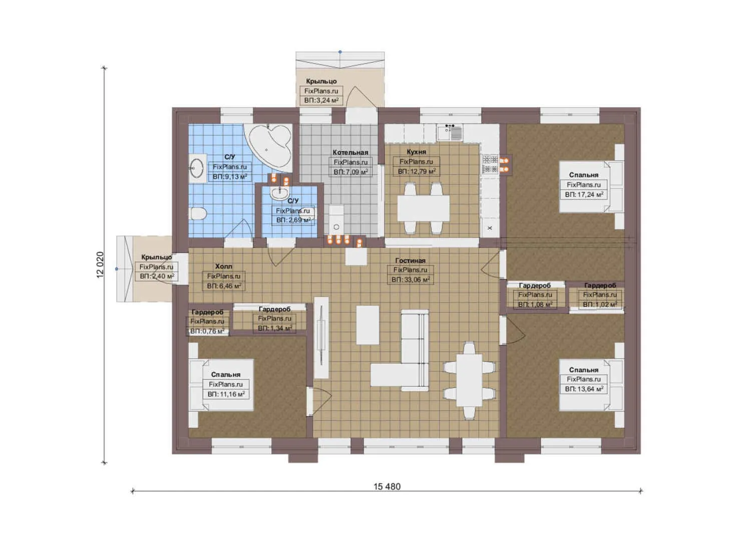 F-18305 - План одноэтажного дома 13 на 16, площадью 130 м² с 3 спальнями