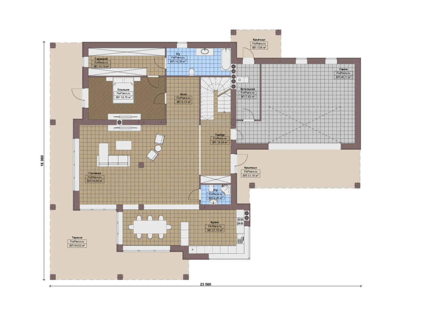 F-16622 - Планы двухэтажного дома 19 на 24, площадью 480 м² с террасой, балконом, гаражом на 2 машины и 3 спальнями